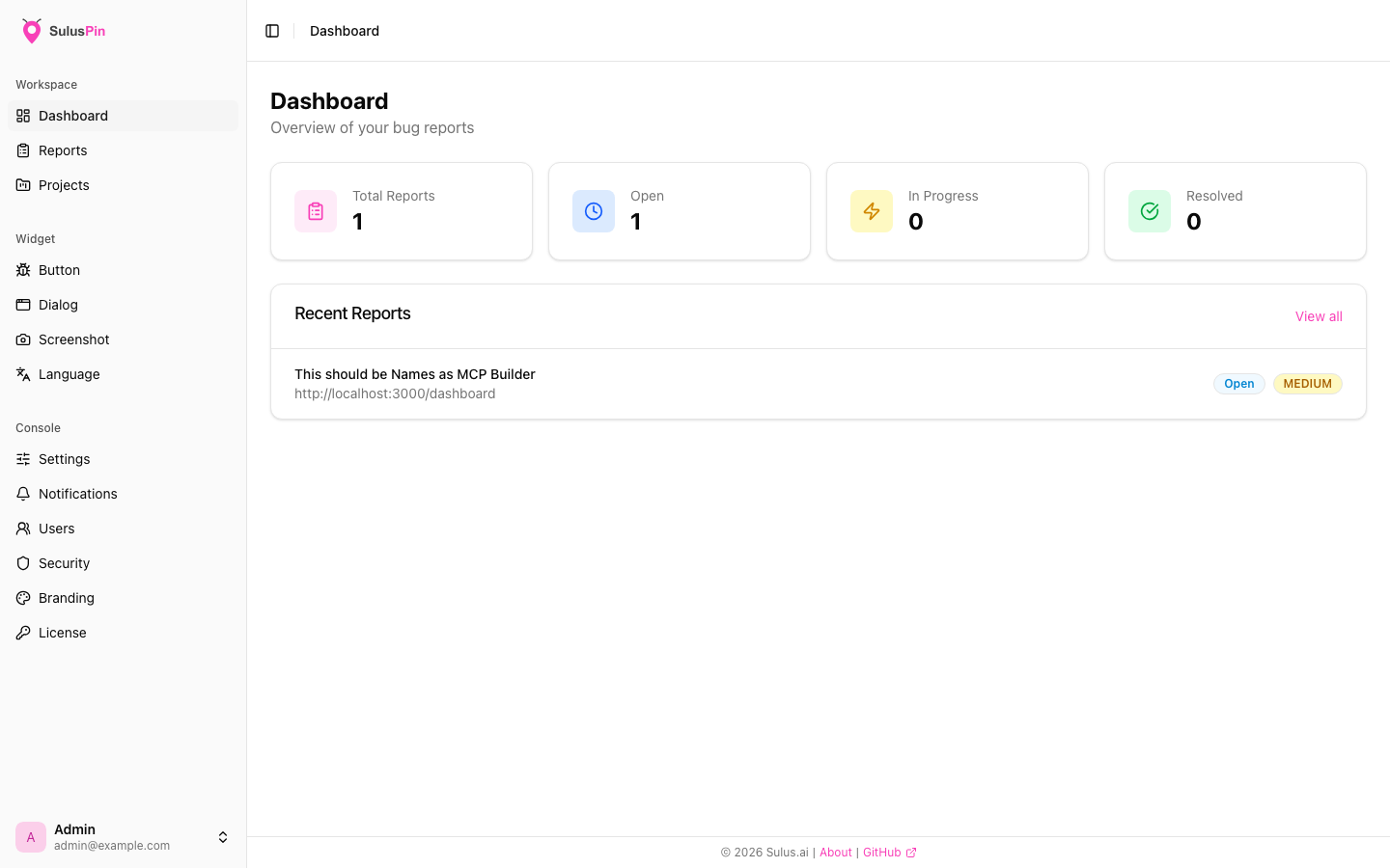 SulusPin admin console showing bug reports and project triage